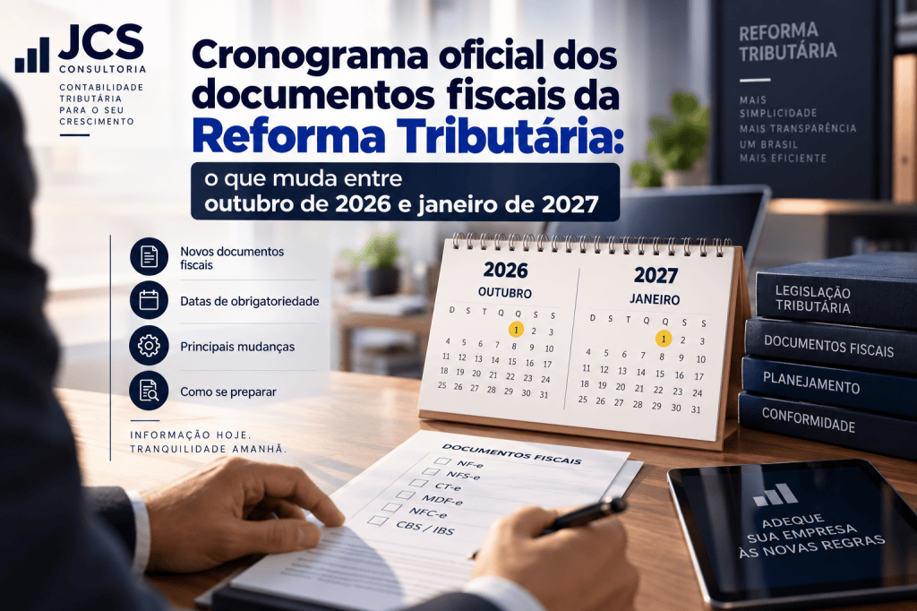 Cronograma oficial dos documentos fiscais da Reforma Tributária entre outubro de 2026 e janeiro de 2027